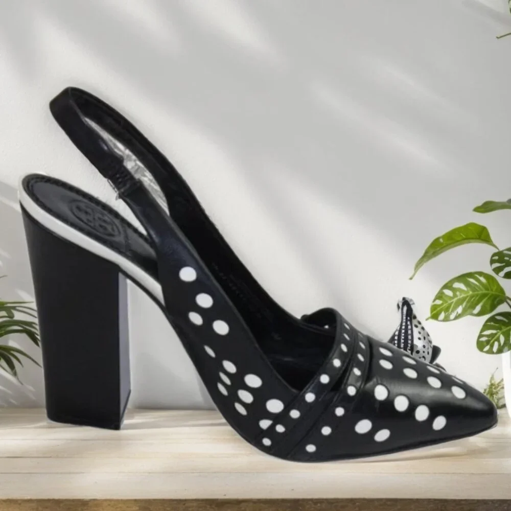 Tory Burch Kay Black Ivory Polka Dot Leather Sling Back Heels, Size 6.5